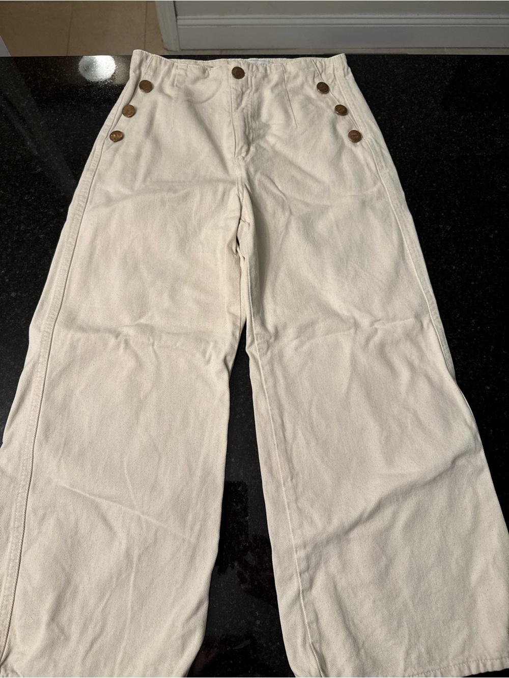 Zara Cream Wide-Leg High-Waist Jeans with Button Detail